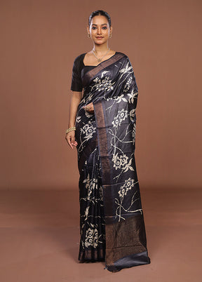 Black Handloom Tussar Pure Silk Saree With Blouse Piece