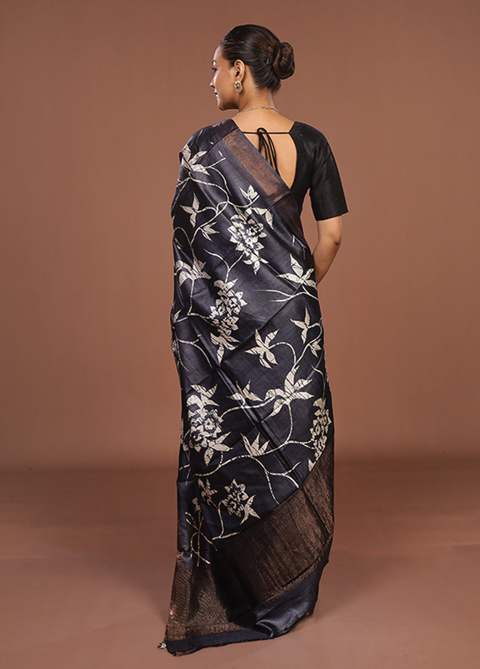 Black Handloom Tussar Pure Silk Saree With Blouse Piece
