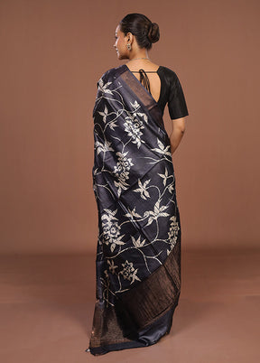 Black Handloom Tussar Pure Silk Saree With Blouse Piece