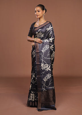 Black Handloom Tussar Pure Silk Saree With Blouse Piece