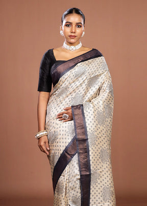 Cream Handloom Tussar Pure Silk Saree With Blouse Piece