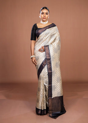 Cream Handloom Tussar Pure Silk Saree With Blouse Piece