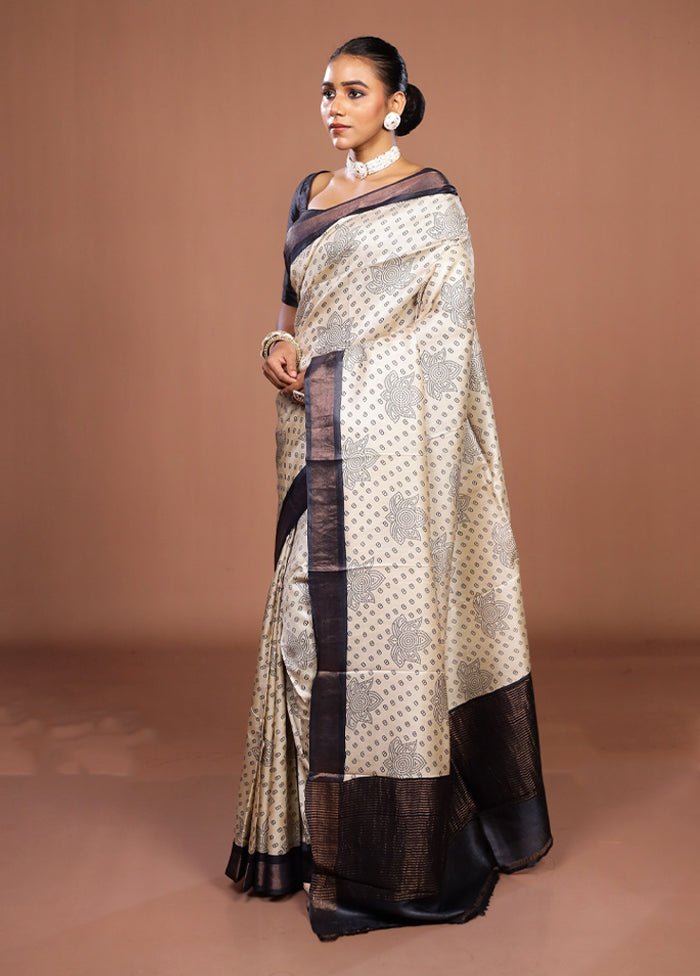 Cream Handloom Tussar Pure Silk Saree With Blouse Piece
