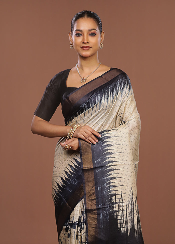 Cream Handloom Tussar Pure Silk Saree With Blouse Piece
