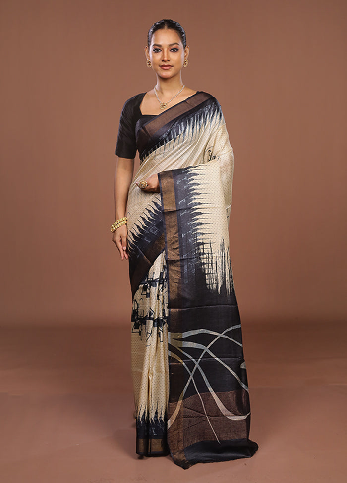 Cream Handloom Tussar Pure Silk Saree With Blouse Piece