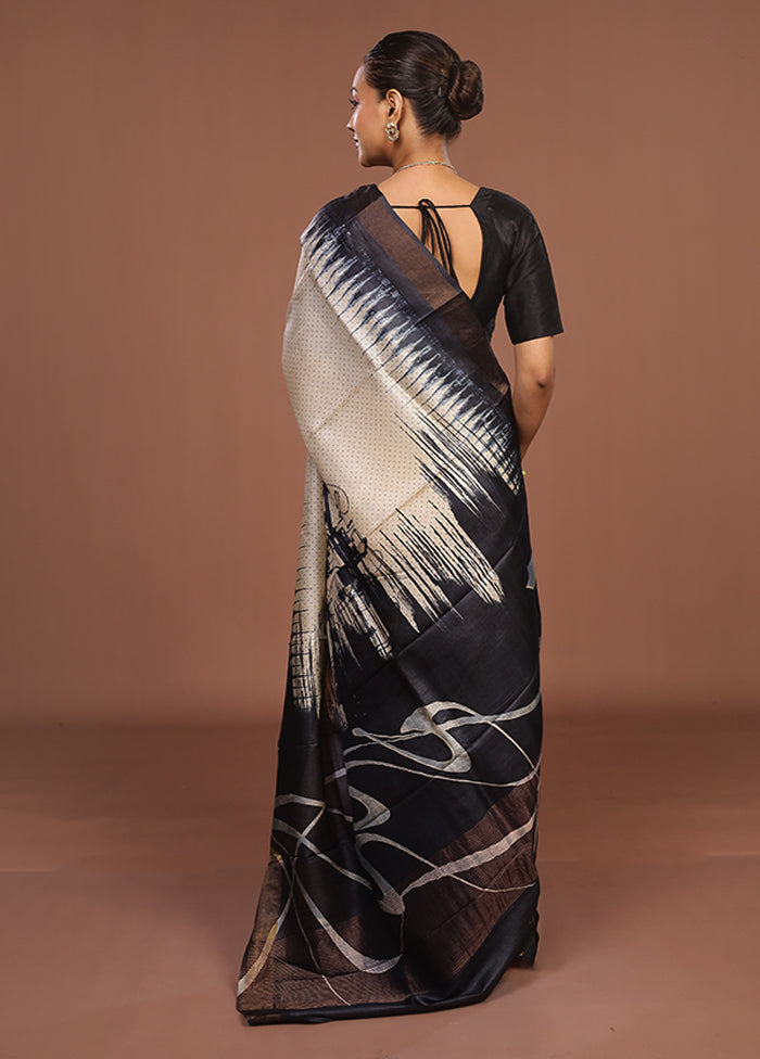 Cream Handloom Tussar Pure Silk Saree With Blouse Piece