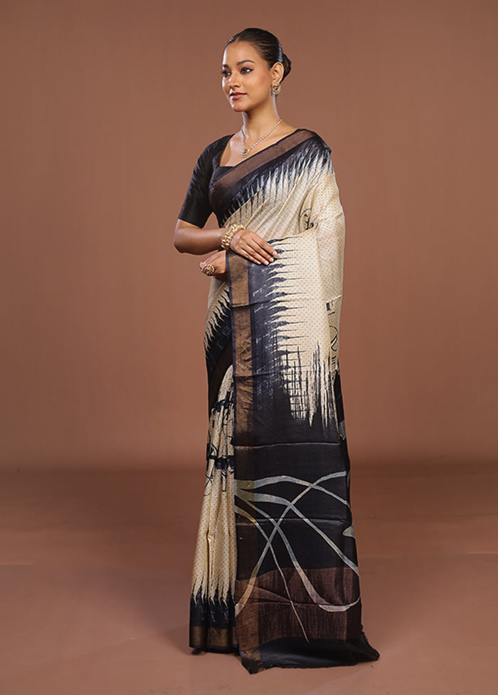 Cream Handloom Tussar Pure Silk Saree With Blouse Piece