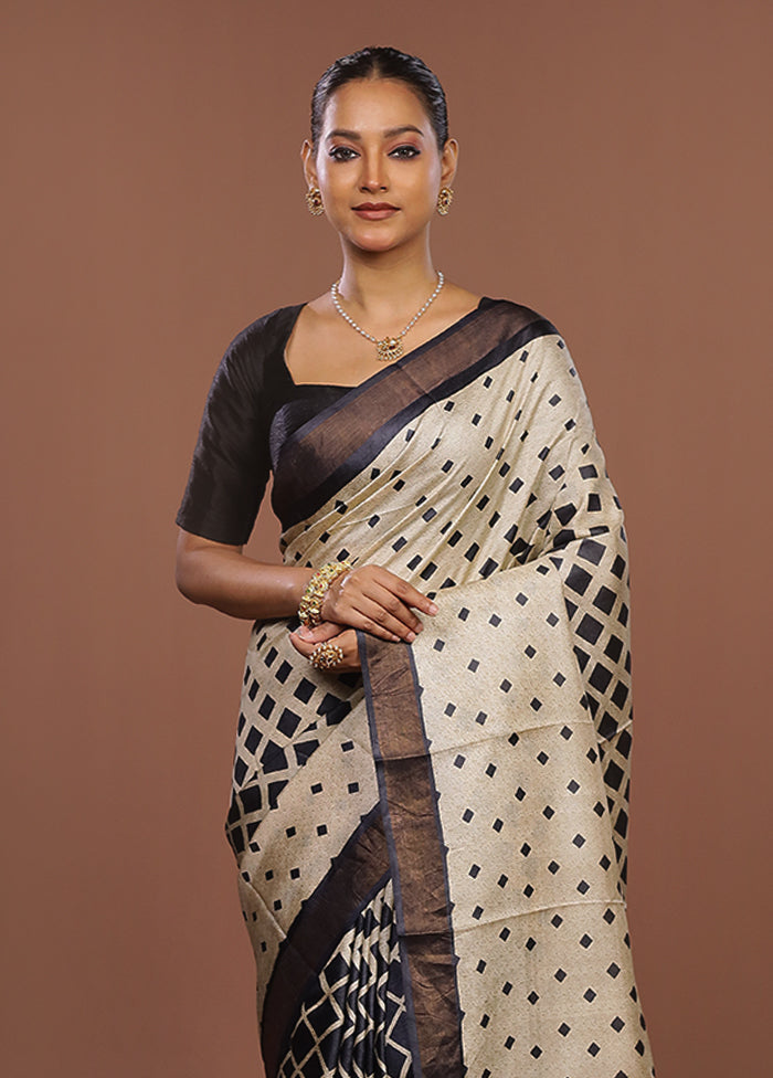 Cream Handloom Tussar Pure Silk Saree With Blouse Piece