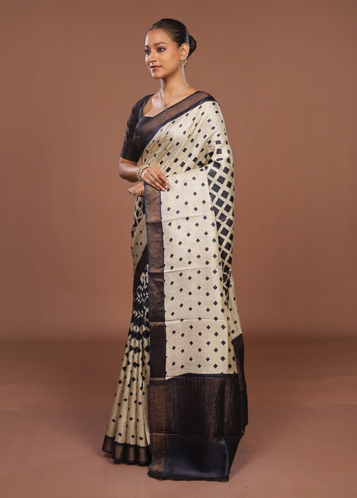 Cream Handloom Tussar Pure Silk Saree With Blouse Piece