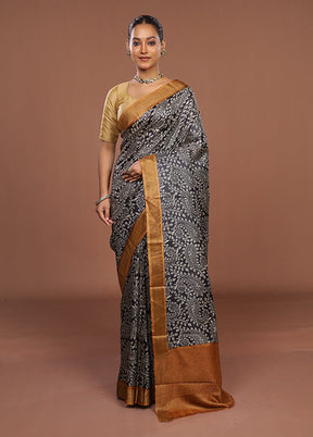 Black Handloom Tussar Pure Silk Saree With Blouse Piece