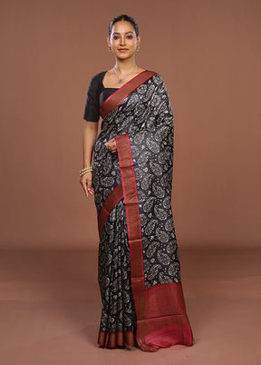 Black Handloom Tussar Pure Silk Saree With Blouse Piece