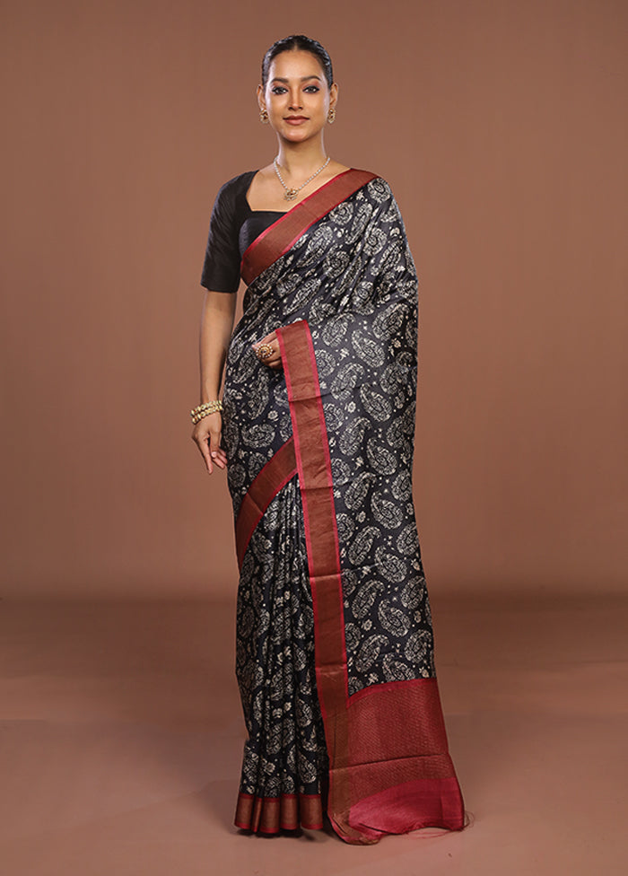 Black Handloom Tussar Pure Silk Saree With Blouse Piece