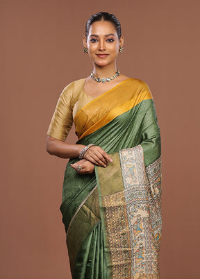 Green Handloom Tussar Pure Silk Saree With Blouse Piece