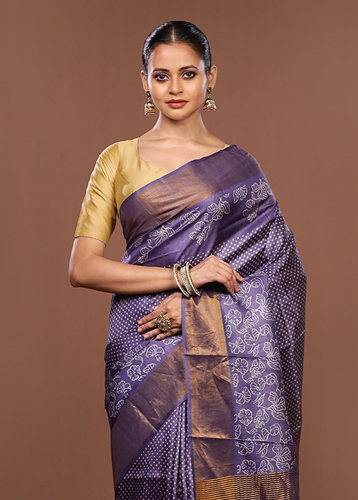 Purple Handloom Tussar Pure Silk Saree With Blouse Piece