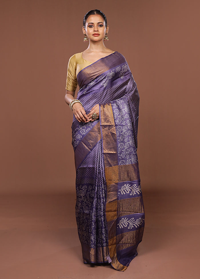 Purple Handloom Tussar Pure Silk Saree With Blouse Piece