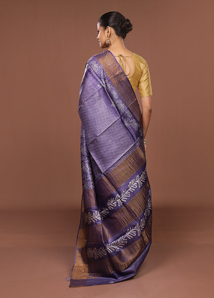 Purple Handloom Tussar Pure Silk Saree With Blouse Piece