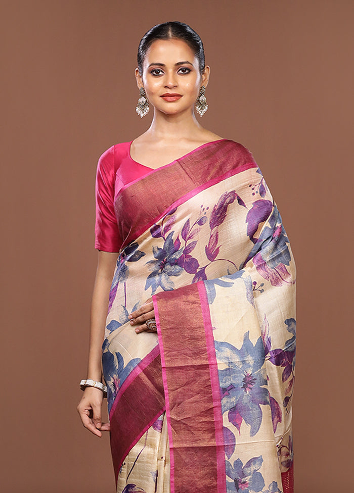 Cream Handloom Tussar Pure Silk Saree With Blouse Piece