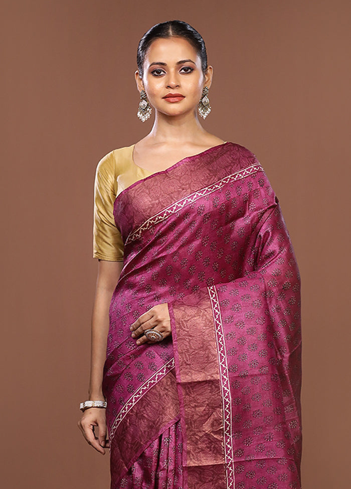 Purple Handloom Tussar Pure Silk Saree With Blouse Piece