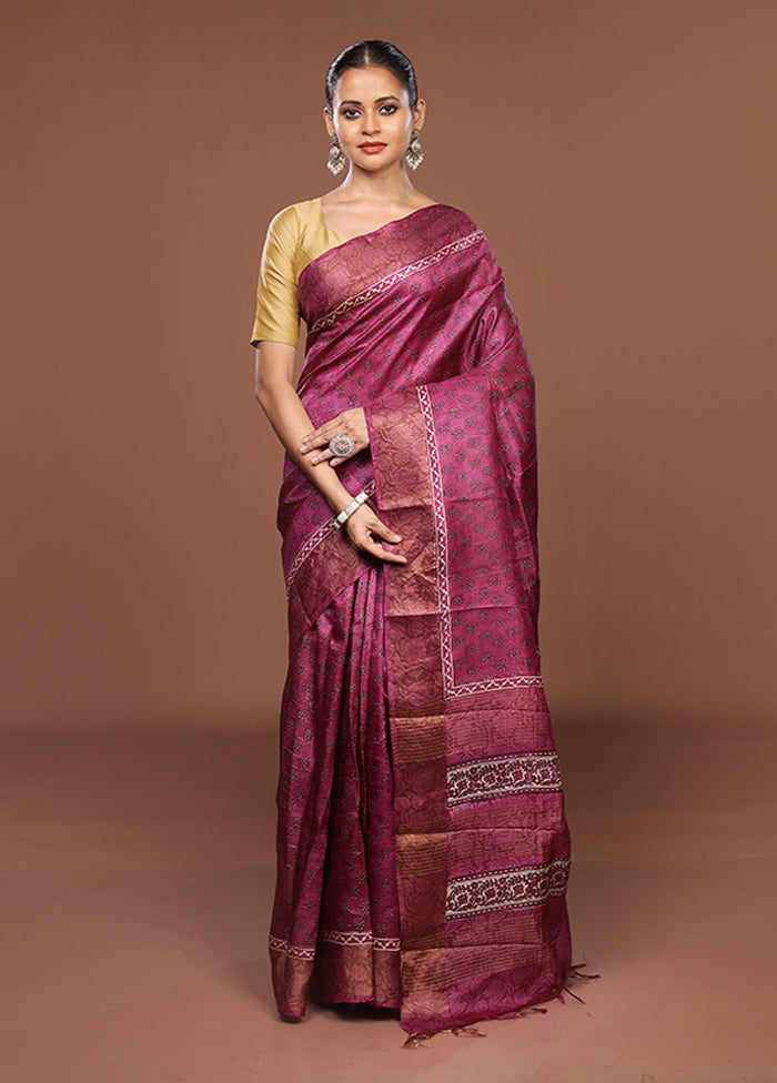 Purple Handloom Tussar Pure Silk Saree With Blouse Piece