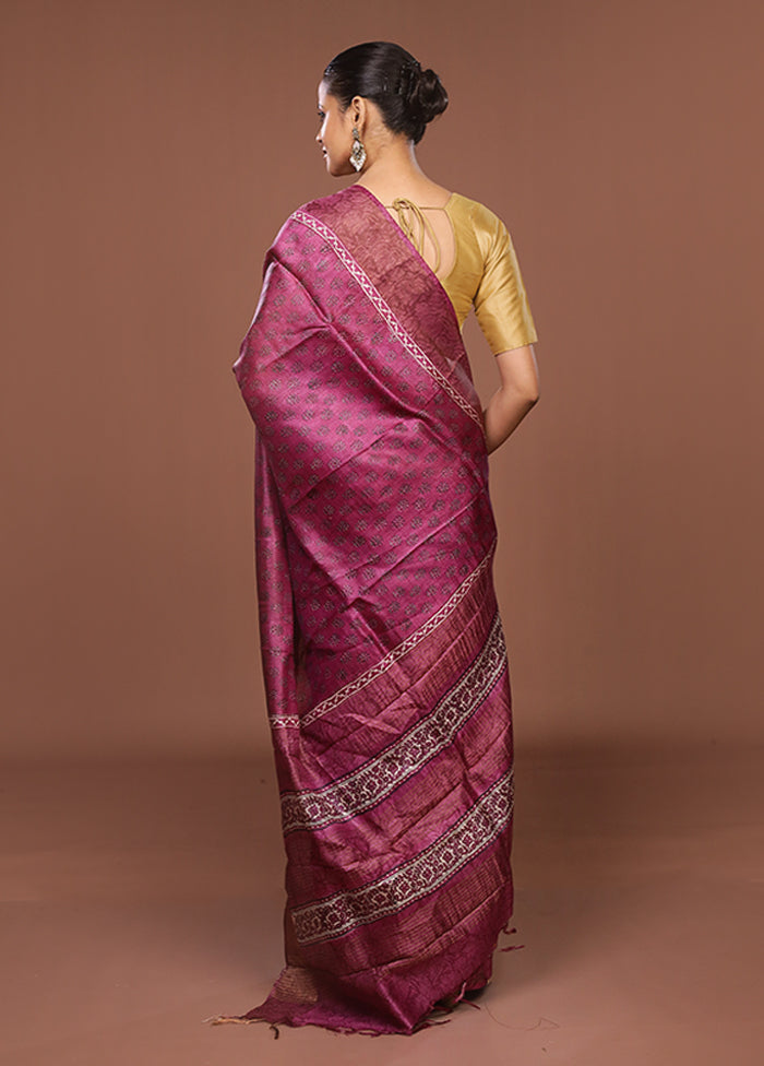 Purple Handloom Tussar Pure Silk Saree With Blouse Piece