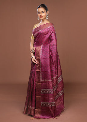 Purple Handloom Tussar Pure Silk Saree With Blouse Piece
