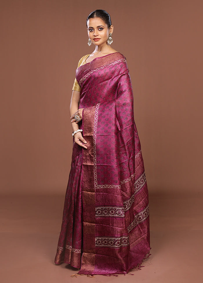 Purple Handloom Tussar Pure Silk Saree With Blouse Piece
