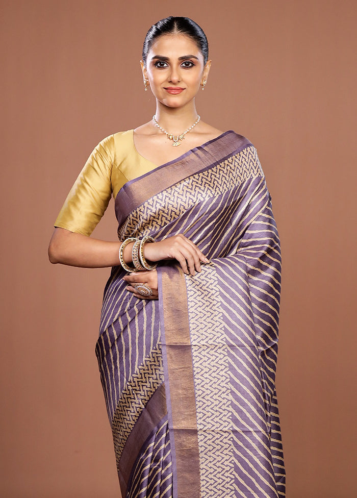 Purple Handloom Tussar Pure Silk Saree With Blouse Piece