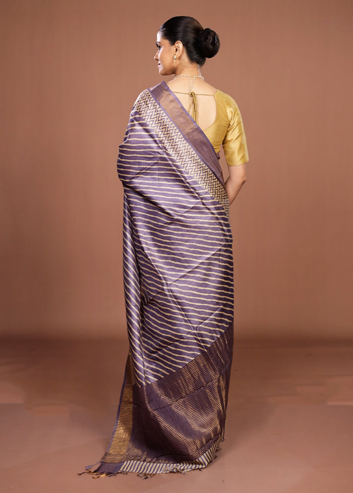 Purple Handloom Tussar Pure Silk Saree With Blouse Piece