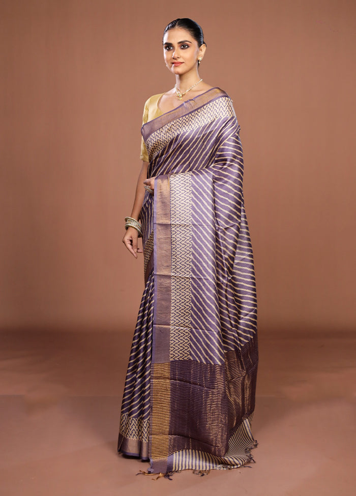 Purple Handloom Tussar Pure Silk Saree With Blouse Piece