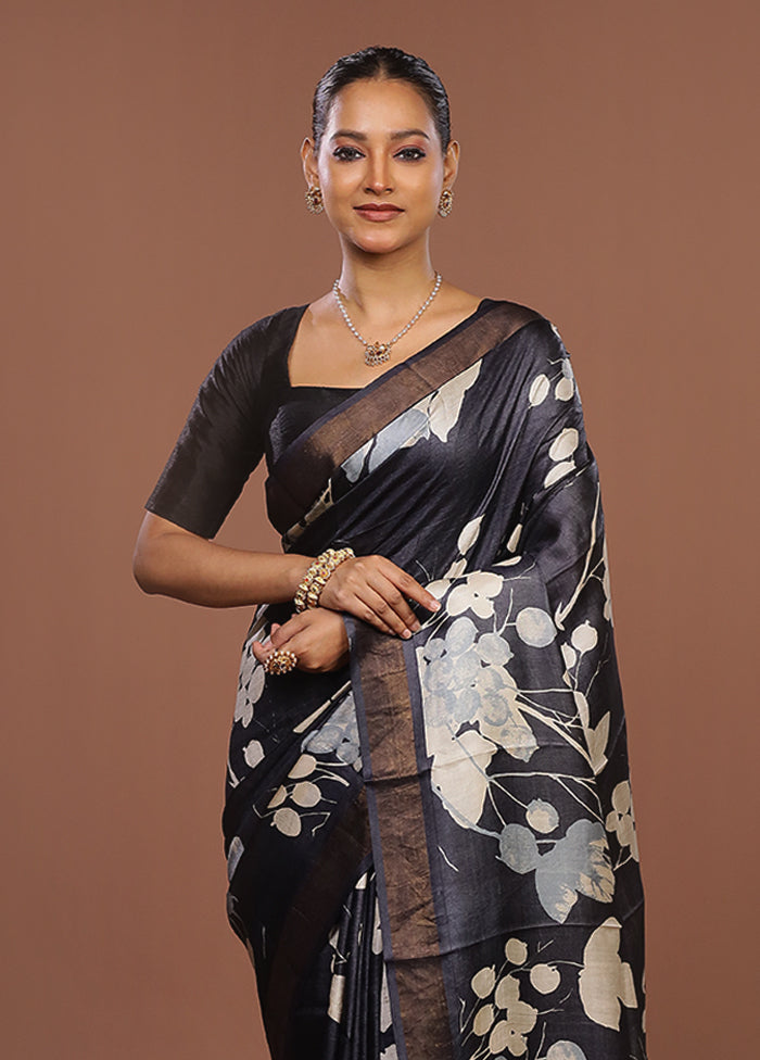 Black Handloom Tussar Pure Silk Saree With Blouse Piece