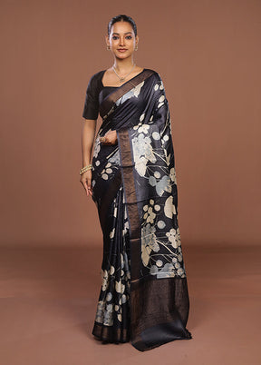 Black Handloom Tussar Pure Silk Saree With Blouse Piece