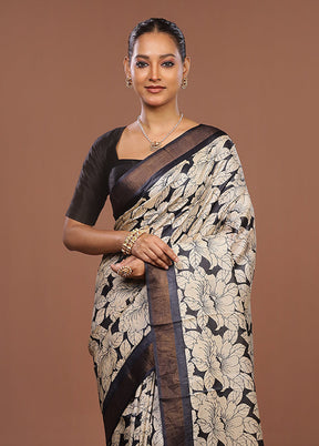 Cream Handloom Tussar Pure Silk Saree With Blouse Piece