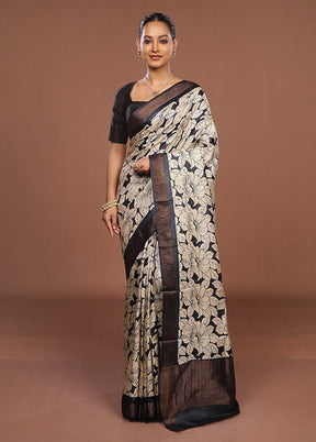 Cream Handloom Tussar Pure Silk Saree With Blouse Piece