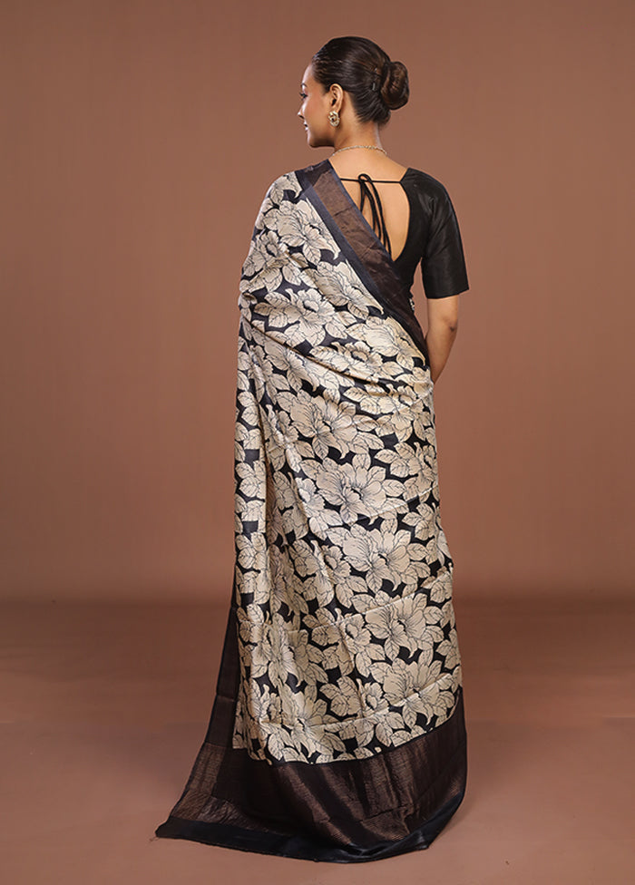 Cream Handloom Tussar Pure Silk Saree With Blouse Piece