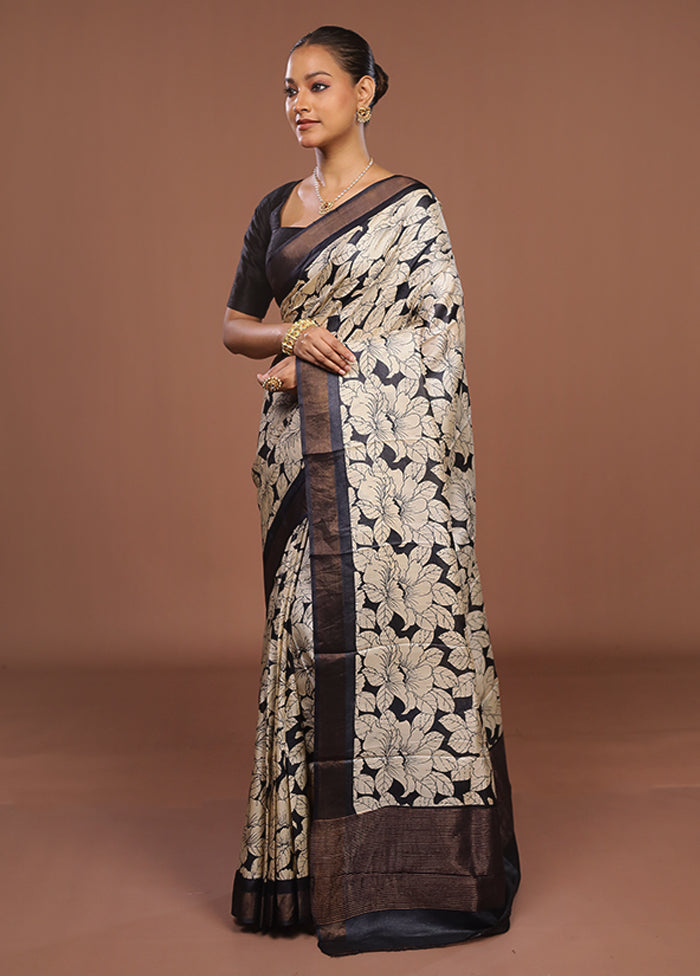 Cream Handloom Tussar Pure Silk Saree With Blouse Piece