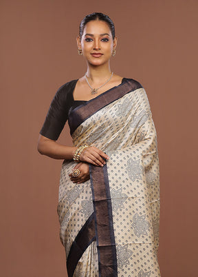 Cream Handloom Tussar Pure Silk Saree With Blouse Piece