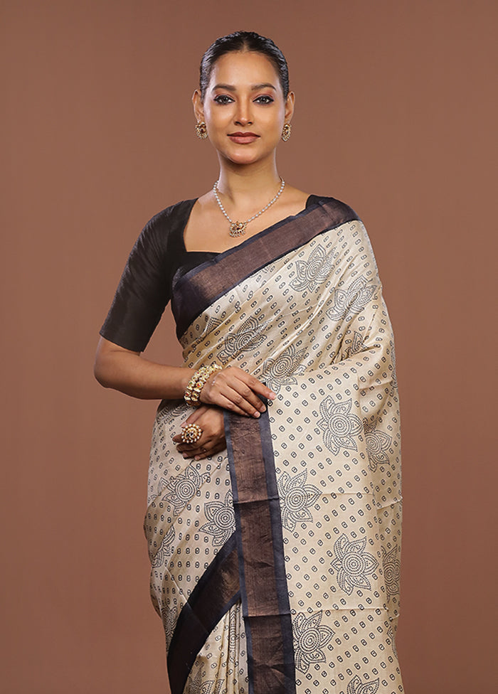Cream Handloom Tussar Pure Silk Saree With Blouse Piece