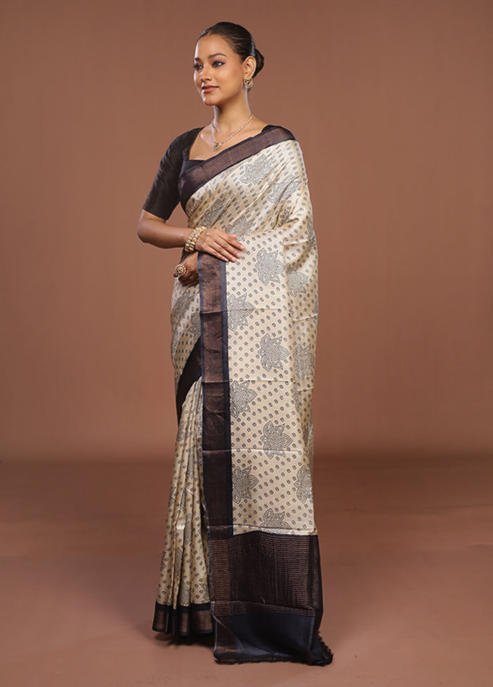 Cream Handloom Tussar Pure Silk Saree With Blouse Piece