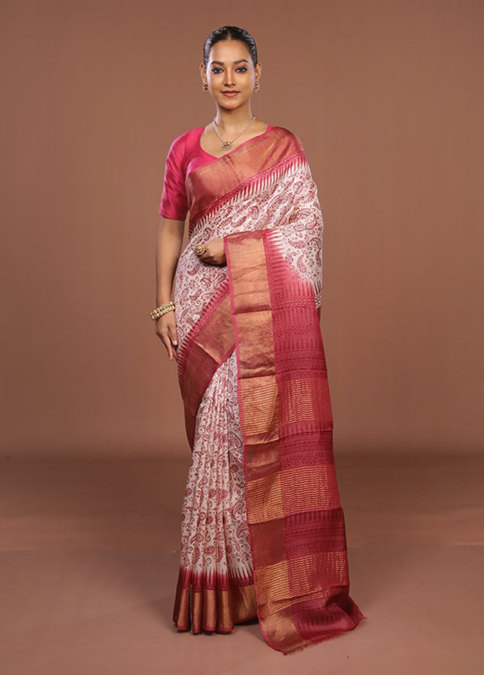 White Handloom Tussar Pure Silk Saree With Blouse Piece