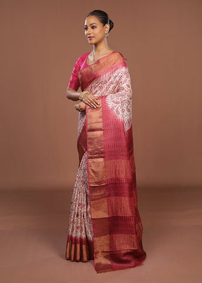 White Handloom Tussar Pure Silk Saree With Blouse Piece