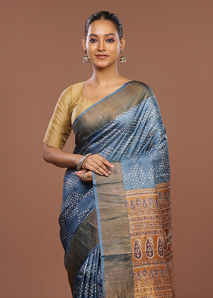 Blue Handloom Tussar Pure Silk Saree With Blouse Piece