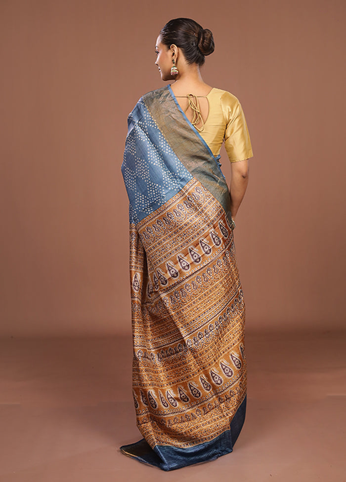 Blue Handloom Tussar Pure Silk Saree With Blouse Piece