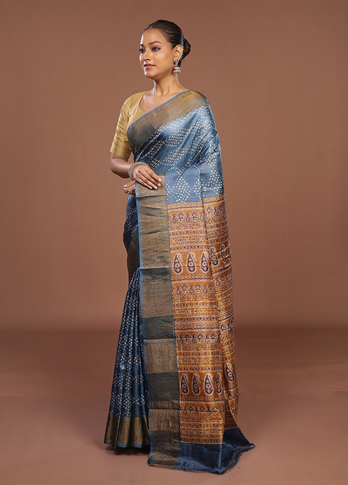 Blue Handloom Tussar Pure Silk Saree With Blouse Piece