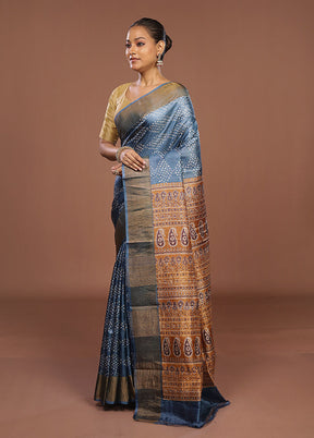 Blue Handloom Tussar Pure Silk Saree With Blouse Piece