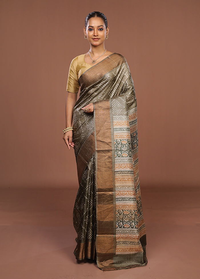 Green Handloom Tussar Pure Silk Saree With Blouse Piece