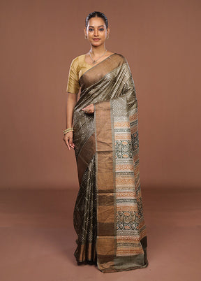 Green Handloom Tussar Pure Silk Saree With Blouse Piece