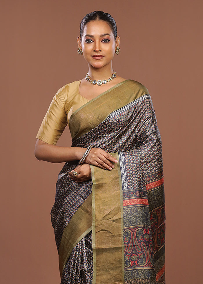 Blue Handloom Tussar Pure Silk Saree With Blouse Piece