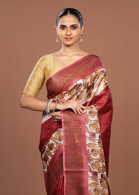 Cream Handloom Tussar Pure Silk Saree With Blouse Piece