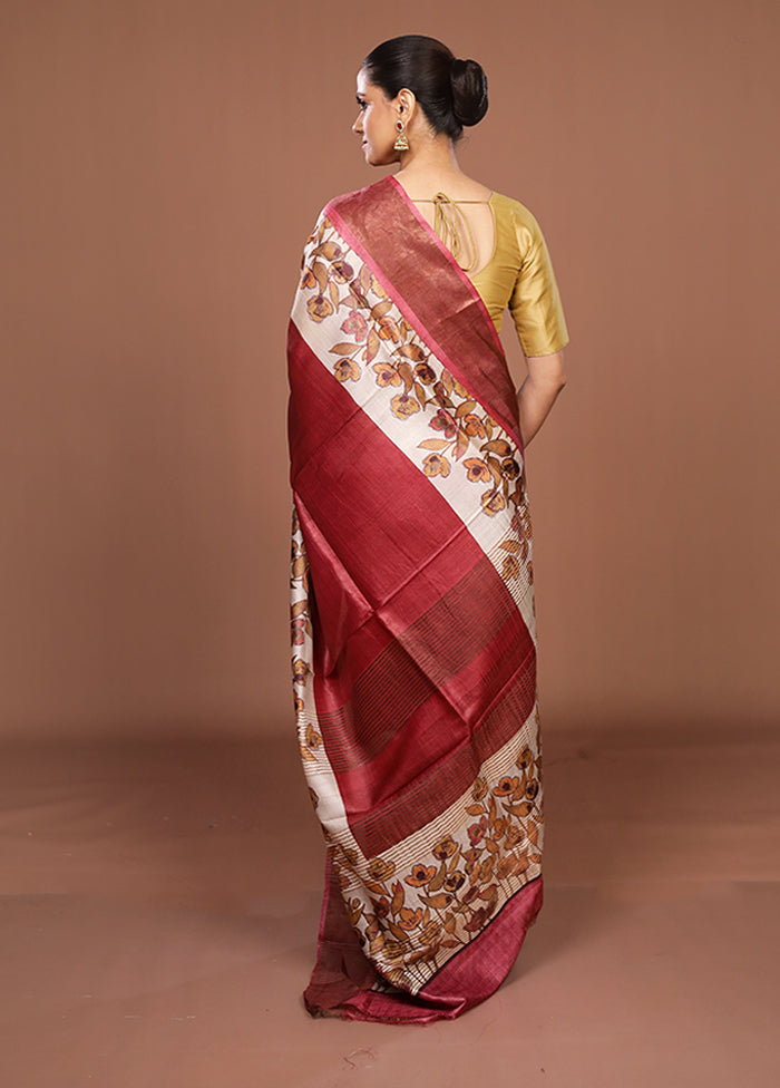 Cream Handloom Tussar Pure Silk Saree With Blouse Piece