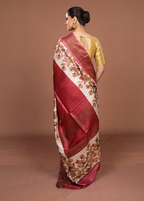 Cream Handloom Tussar Pure Silk Saree With Blouse Piece